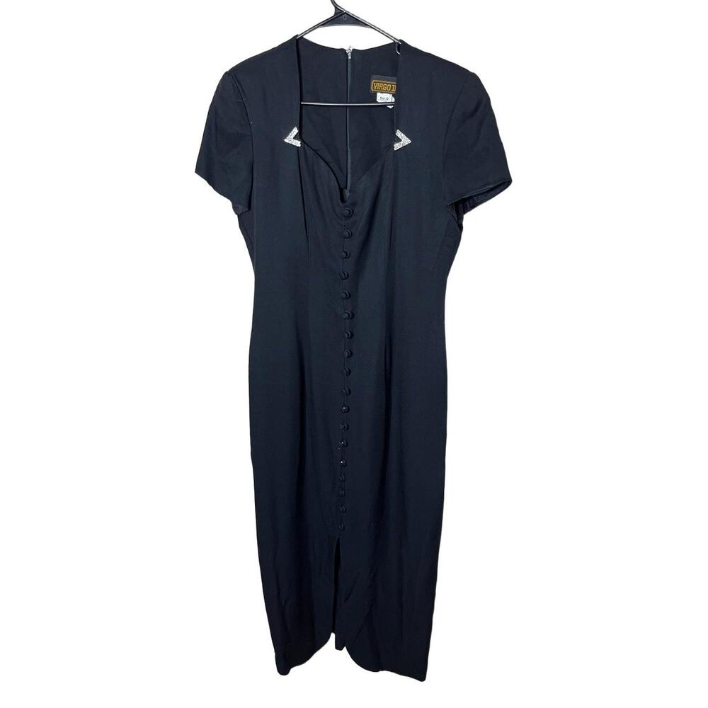 VIRGO II Maxi Dress Size 12 Black Vintage Embellished Neckline Retro Style